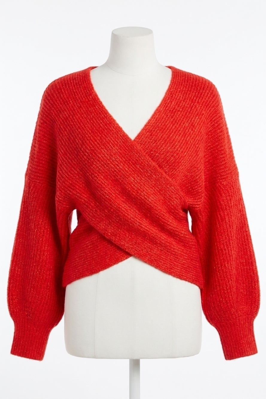 NEW BLUIVY wrap crossover ribbed fuzzy knit sweater in red